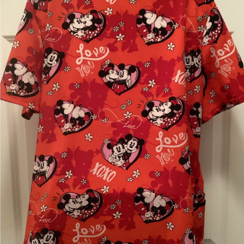 Disney Womens Scrubs Large Red Stretch Mickey Minnie Mouse Medical Nurse Pockets